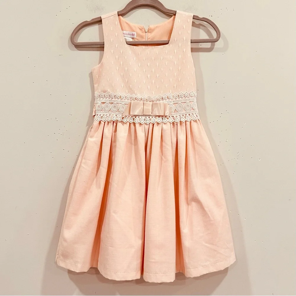 Bonnie Jean Girls Dress 10 Peach Lace Bow Waist Mesh Upper‎ Back Tie Lined